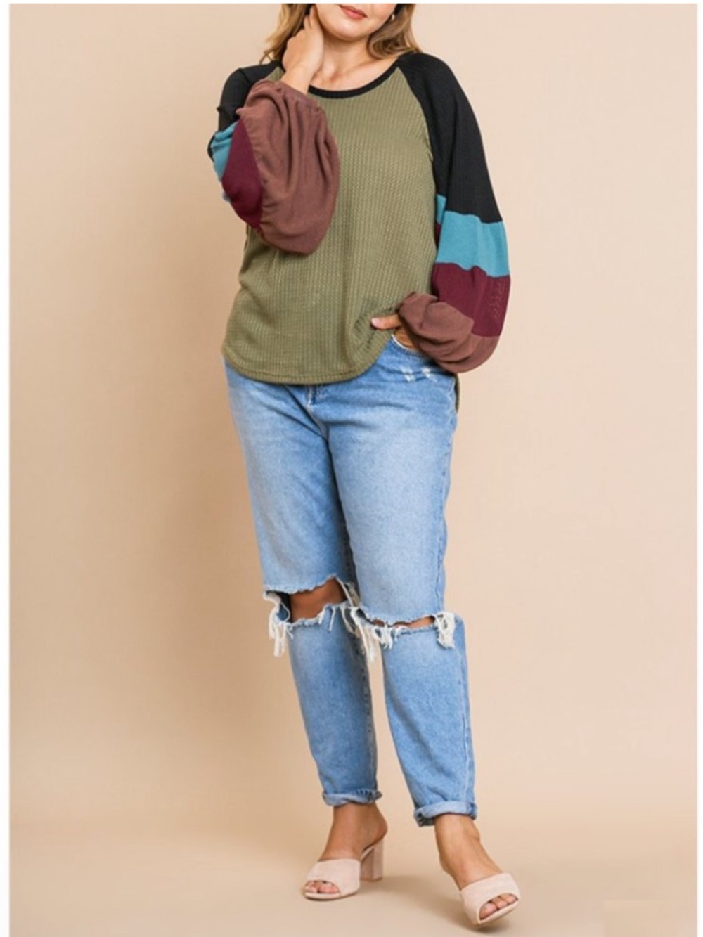 Umgee Colorblock Waffle Knit Long Sleeve Top Olive Black Teal & Burgundy Large